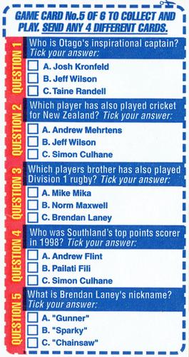 1999 Meadow Fresh Milk South Island Stars of Rugby - Trivia Game #5 Game Card 5 Front